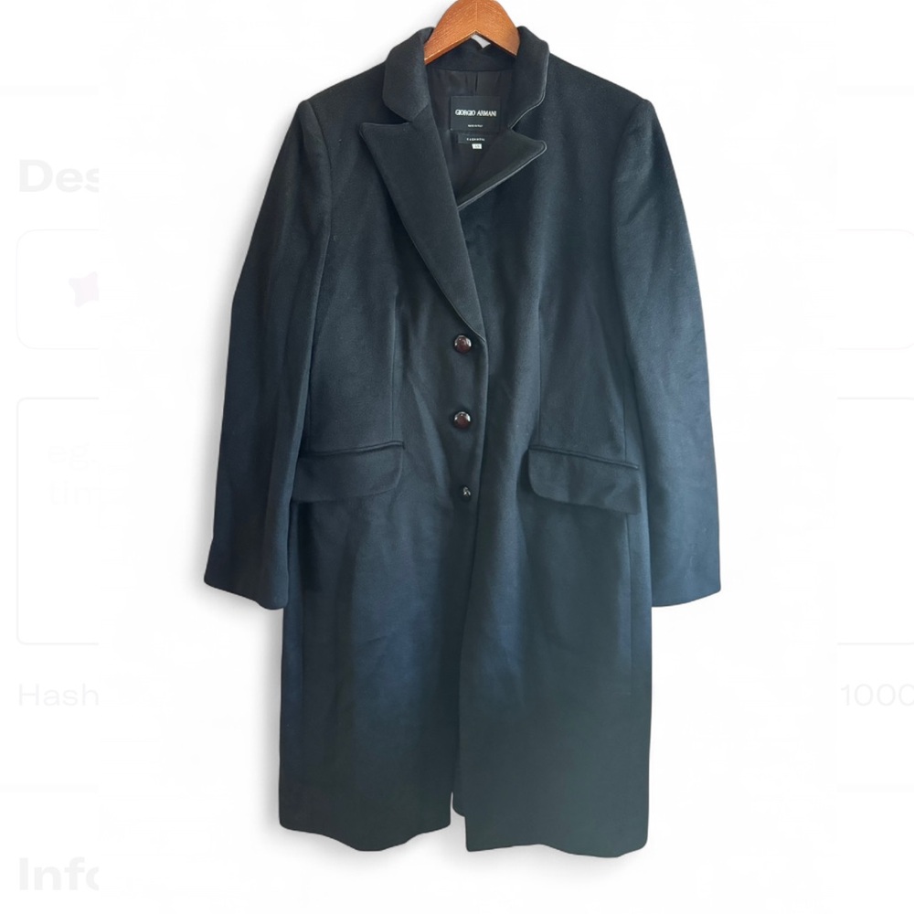 Giorgio Armani Men’s Size 48 Black Cashmere Long Trench Pea Coat Quiet Luxury